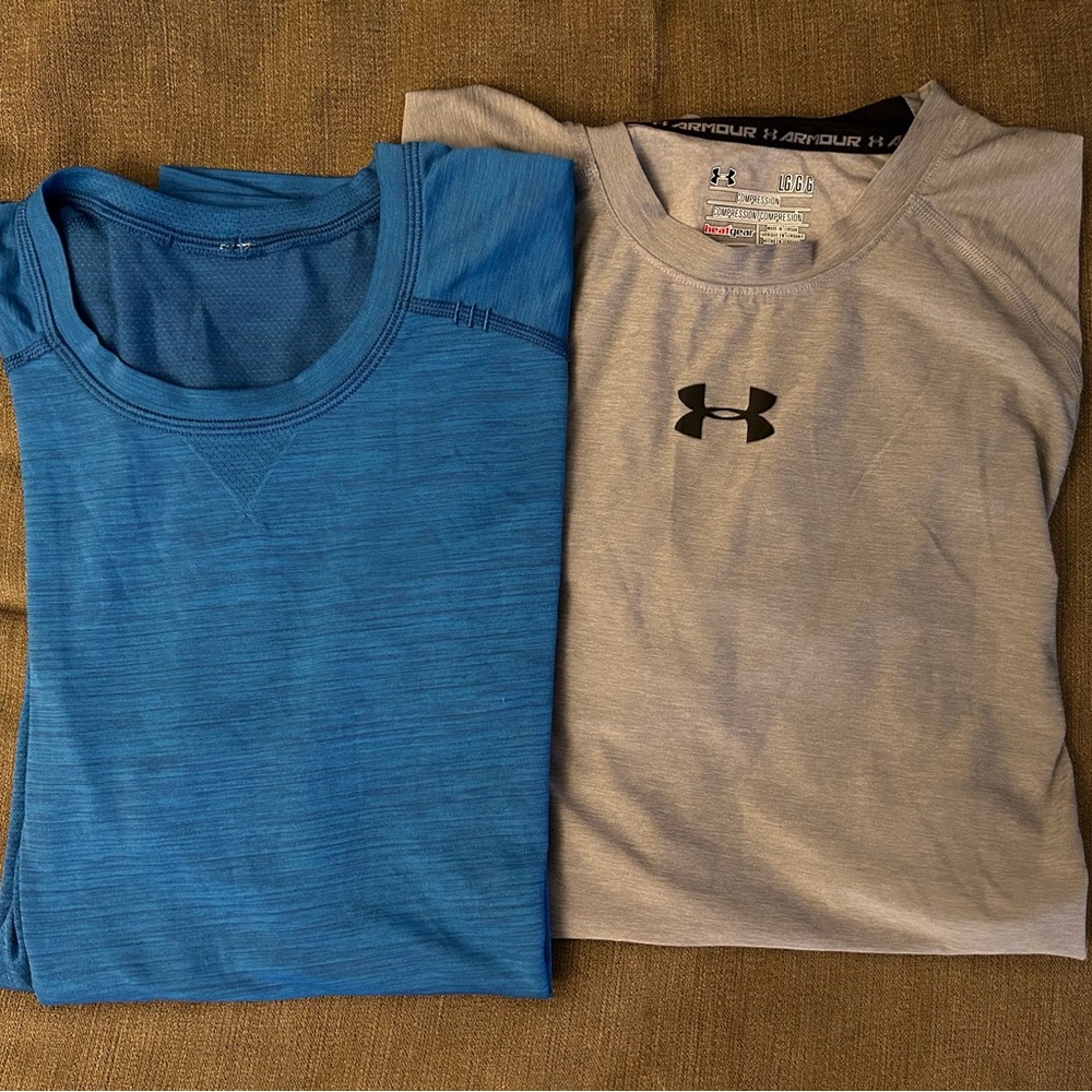 Under Armour/LuluLemon Men’s Size Large Duo: Vibrant Blue and Classic Gray Tees